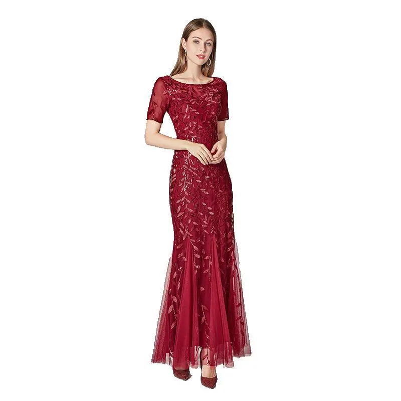 Priyanka Short Sleeves Mesh Sequined Evening