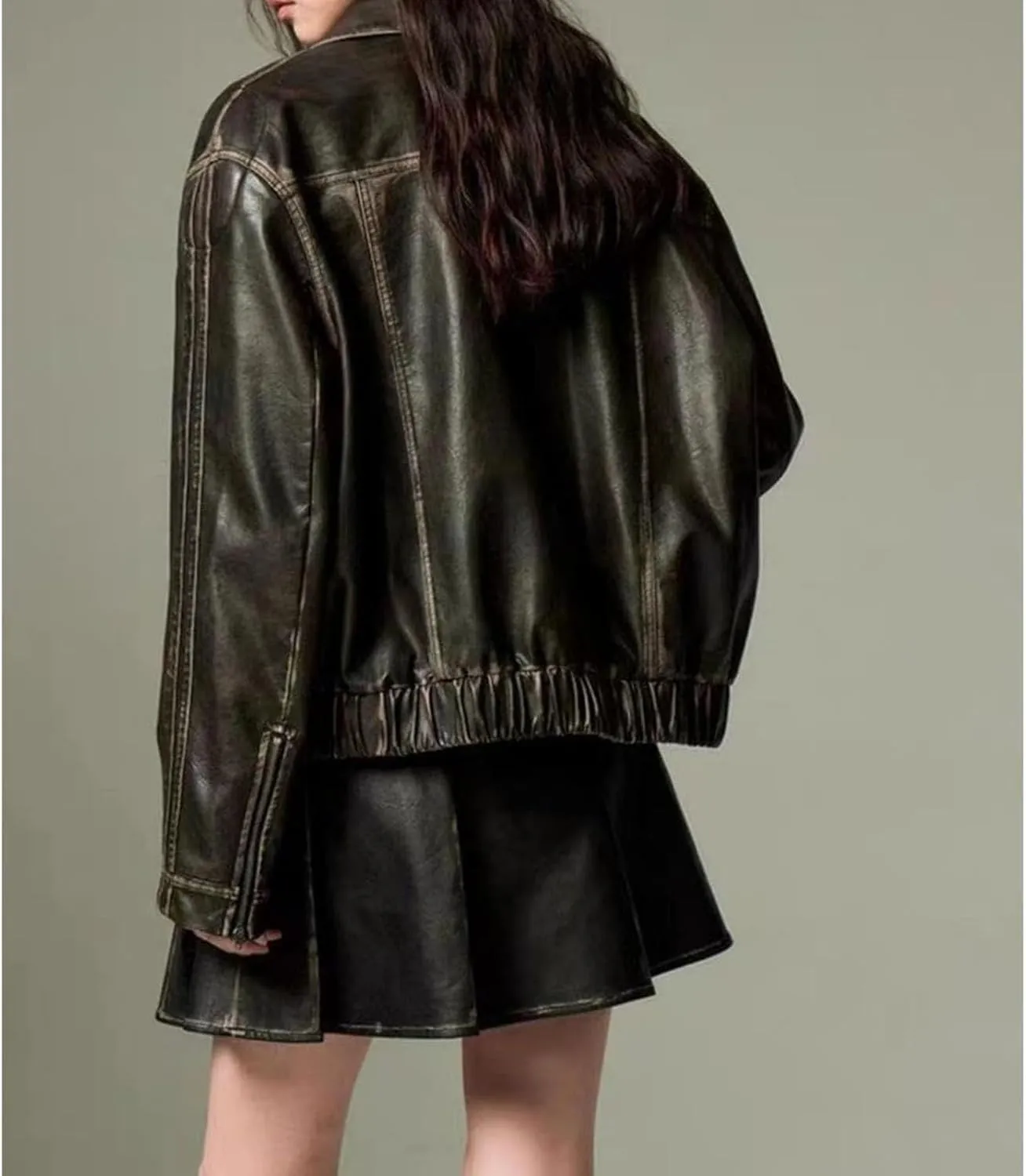 PU Pink Leather Jacket Zipper Polo-Neck Fashion Women Sweet Coat Spring Vintage Street Bomber Motorcycle Jacket(Vintage black,Medium)