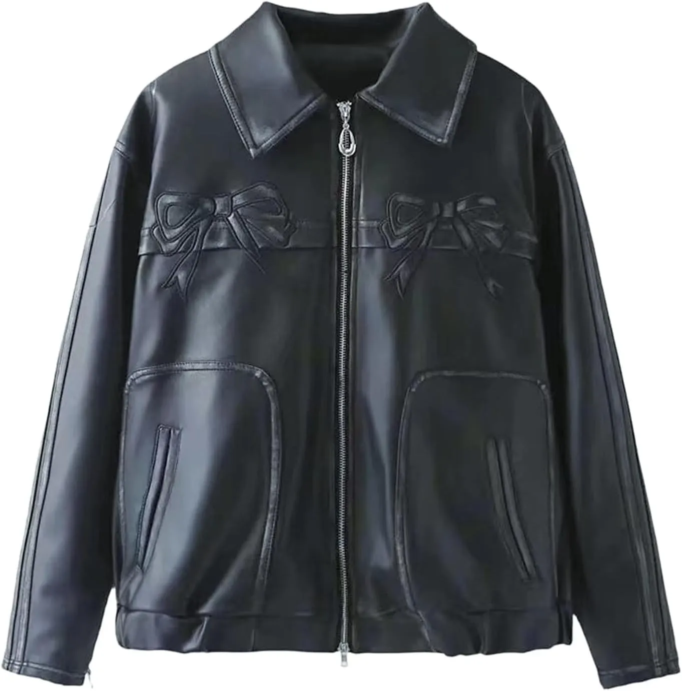 PU Pink Leather Jacket Zipper Polo-Neck Fashion Women Sweet Coat Spring Vintage Street Bomber Motorcycle Jacket(Vintage black,Medium)