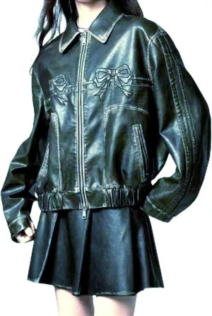 PU Pink Leather Jacket Zipper Polo-Neck Fashion Women Sweet Coat Spring Vintage Street Bomber Motorcycle Jacket(Vintage black,Medium)
