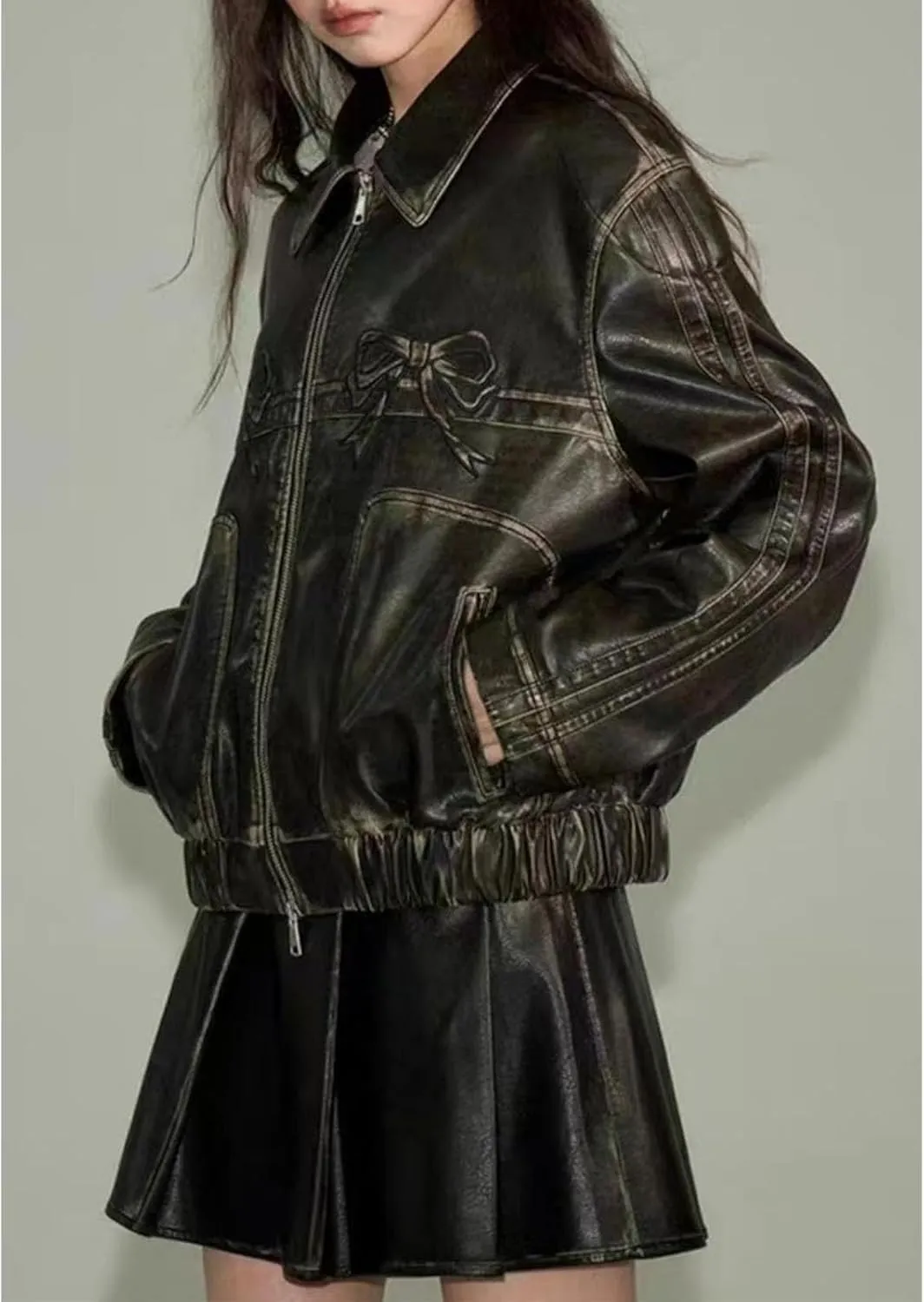 PU Pink Leather Jacket Zipper Polo-Neck Fashion Women Sweet Coat Spring Vintage Street Bomber Motorcycle Jacket(Vintage black,Medium)
