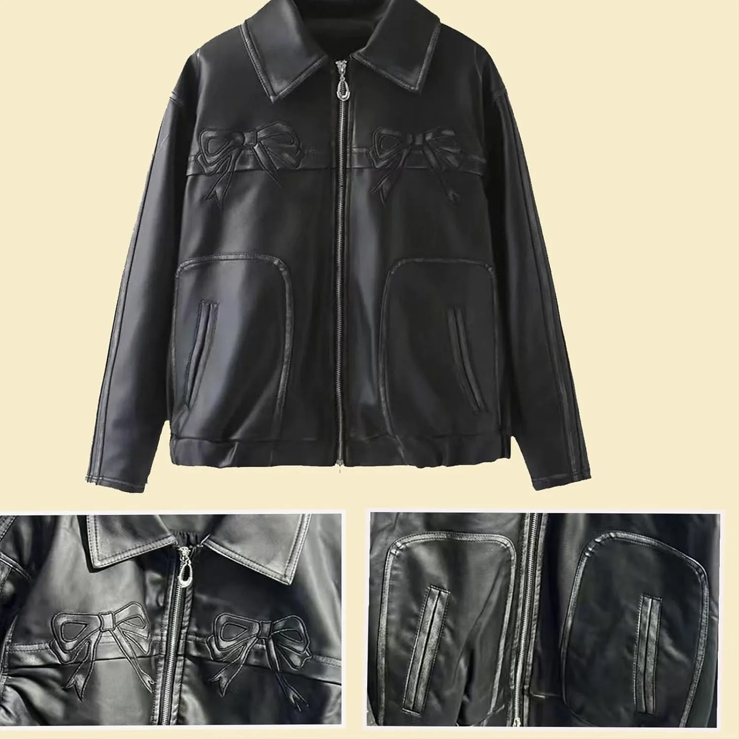 PU Pink Leather Jacket Zipper Polo-Neck Fashion Women Sweet Coat Spring Vintage Street Bomber Motorcycle Jacket(Vintage black,Medium)