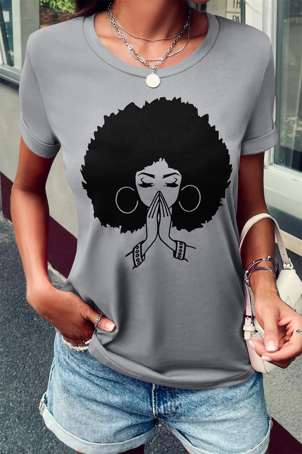 Qianxitang Women's Tops Cute Graphic Print Summer Causal Cotton Round Neck Short Sleeve Blouses T Shirt