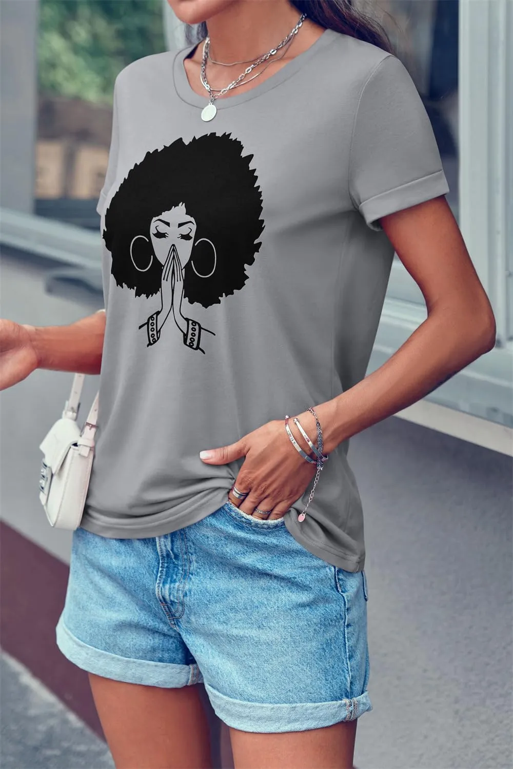 Qianxitang Women's Tops Cute Graphic Print Summer Causal Cotton Round Neck Short Sleeve Blouses T Shirt