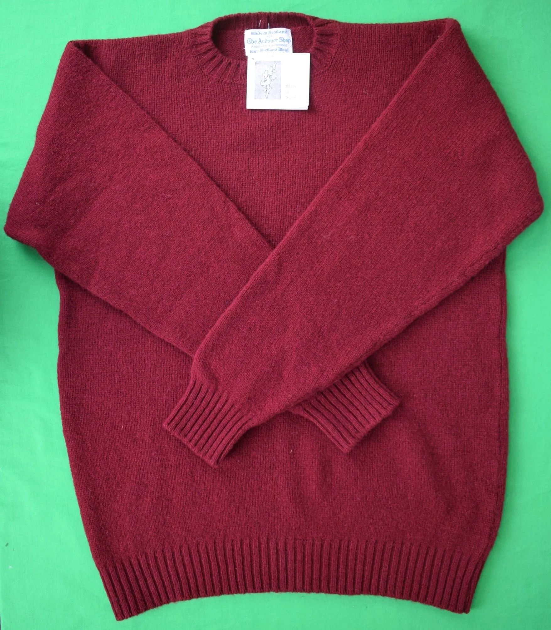 "The Andover Shop Scottish Shetland Wool Crew Neck Sweater/ Maroon/ Bordeaux Mix" Sz L (NWT)