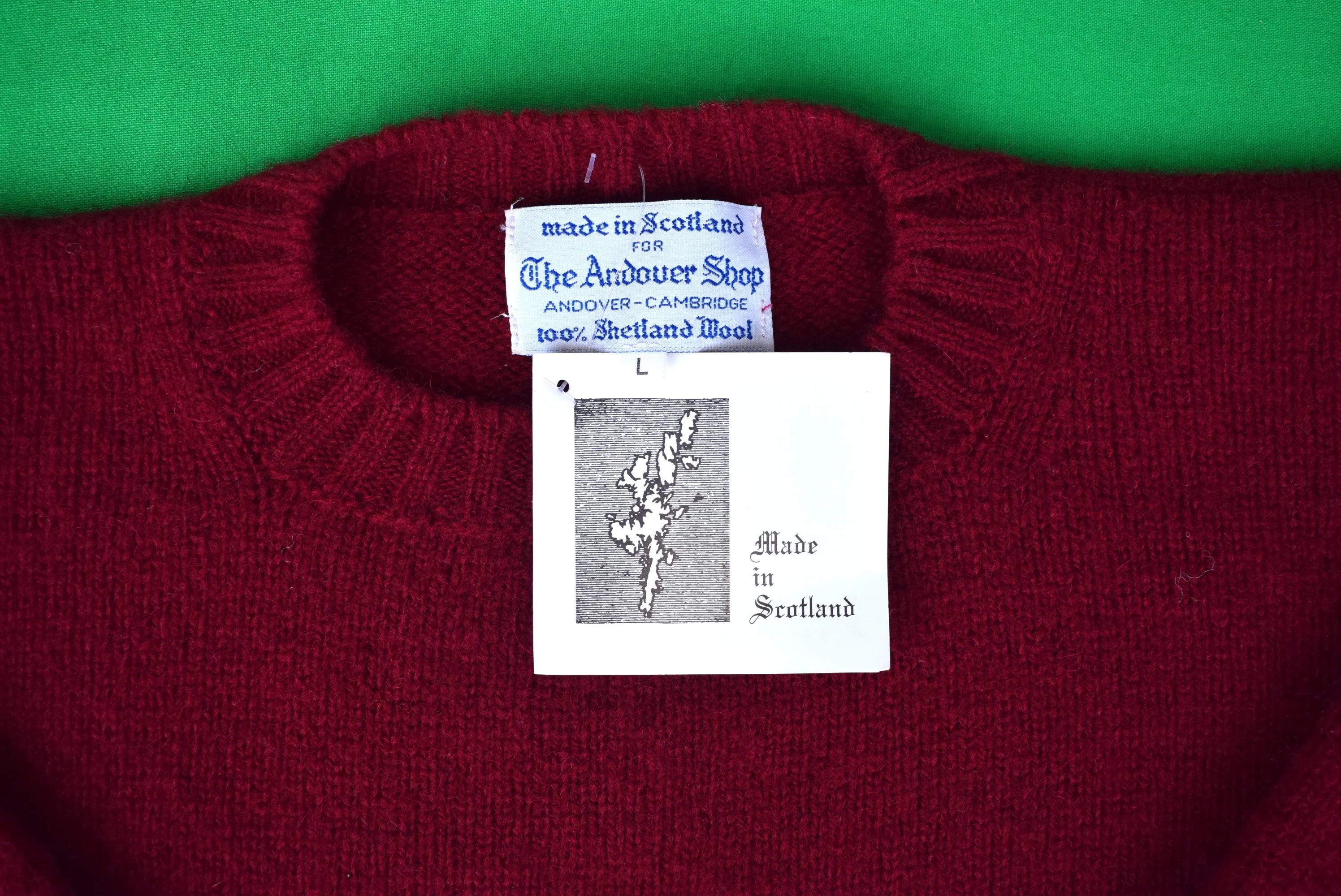 "The Andover Shop Scottish Shetland Wool Crew Neck Sweater/ Maroon/ Bordeaux Mix" Sz L (NWT)