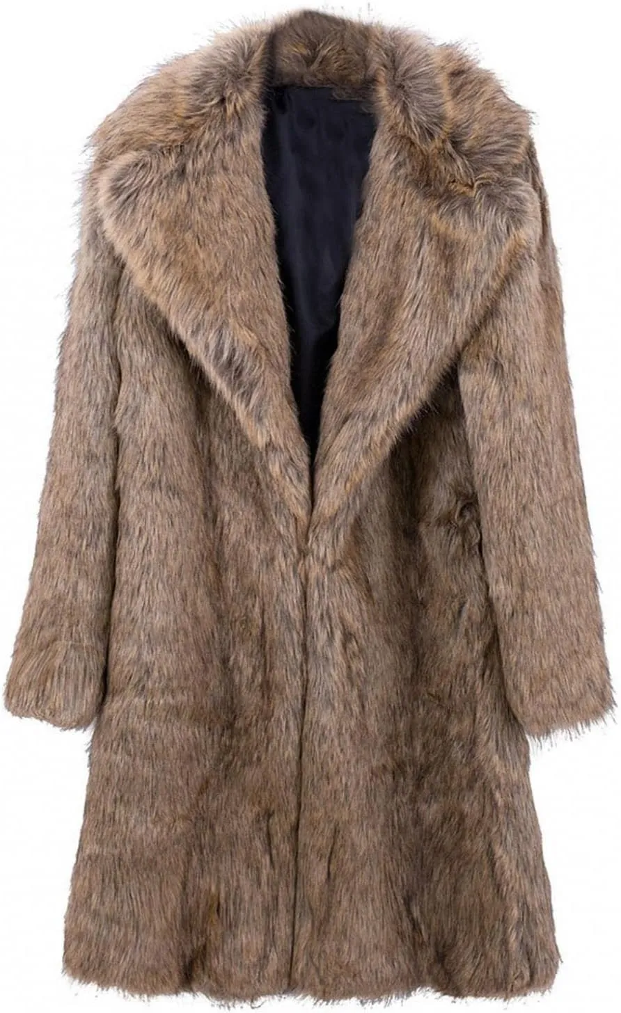 QWENTMTNTY Men's Fashion Faux Fur Coat Long Length Fashion Fluffy Heavyweight Coat Winter Plush Furry Luxury Parka Jacket