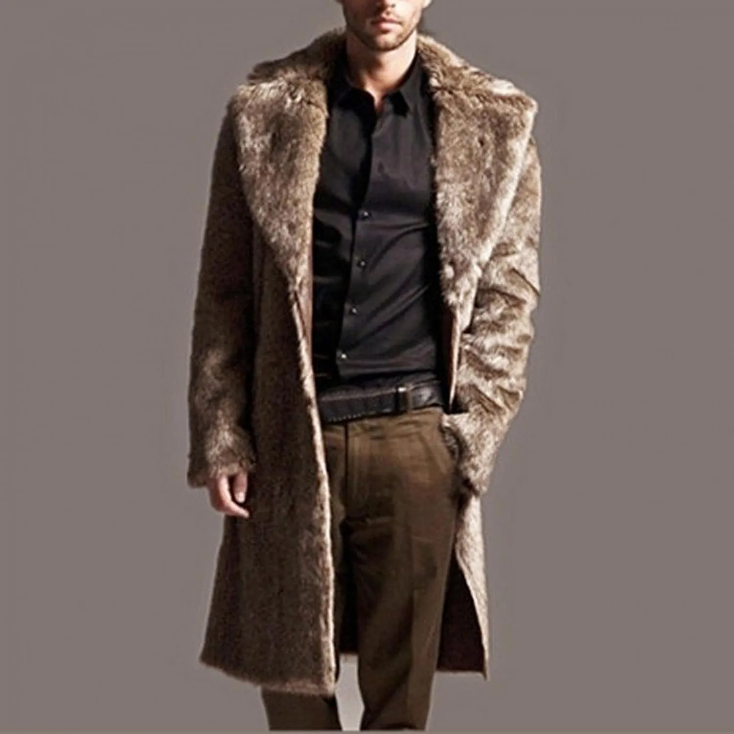 QWENTMTNTY Men's Fashion Faux Fur Coat Long Length Fashion Fluffy Heavyweight Coat Winter Plush Furry Luxury Parka Jacket