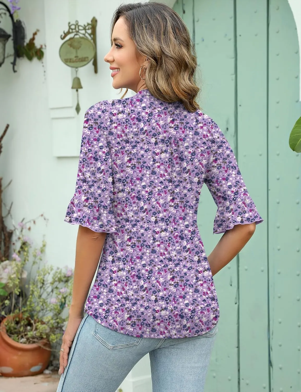 Rapbin Womens 3/4 Length Sleeve Tops Loose Fit Casual Crew Neck Shirts Ruffle Tunic Blouses