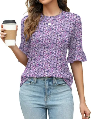 Rapbin Womens 3/4 Length Sleeve Tops Loose Fit Casual Crew Neck Shirts Ruffle Tunic Blouses