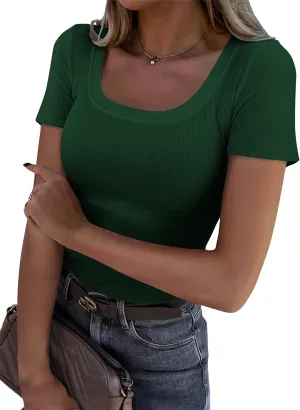Roselux Women's Summer Scoop Neck Short Sleeve T-Shirts Ribbed Knit Slim Fitted Casual Basic Top