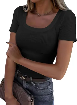 Roselux Women's Summer Scoop Neck Short Sleeve T-Shirts Ribbed Knit Slim Fitted Casual Basic Top