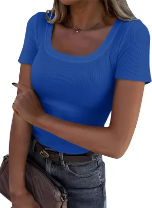 Roselux Women's Summer Scoop Neck Short Sleeve T-Shirts Ribbed Knit Slim Fitted Casual Basic Top