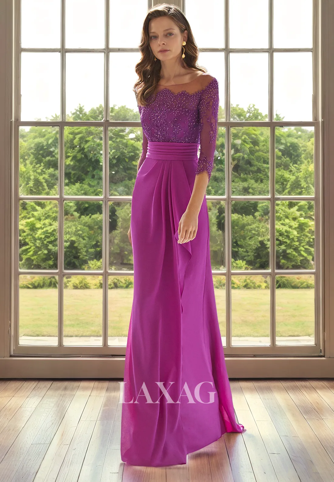 Round Quarter Sleeves Tulle Appliques Beaded Sleek Satin Mother of the Bride Dress