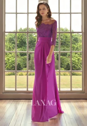 Round Quarter Sleeves Tulle Appliques Beaded Sleek Satin Mother of the Bride Dress