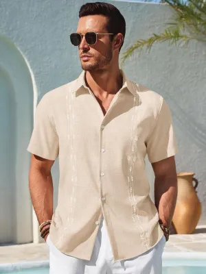 Runcati Mens Short Sleeve Guayabera Shirts Button Down Cuban Casual Mexican Shirts Summer Beach Wedding Linen Tops