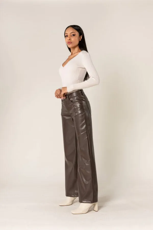 SableFlare Faux Leather Trousers with Zips – Brown