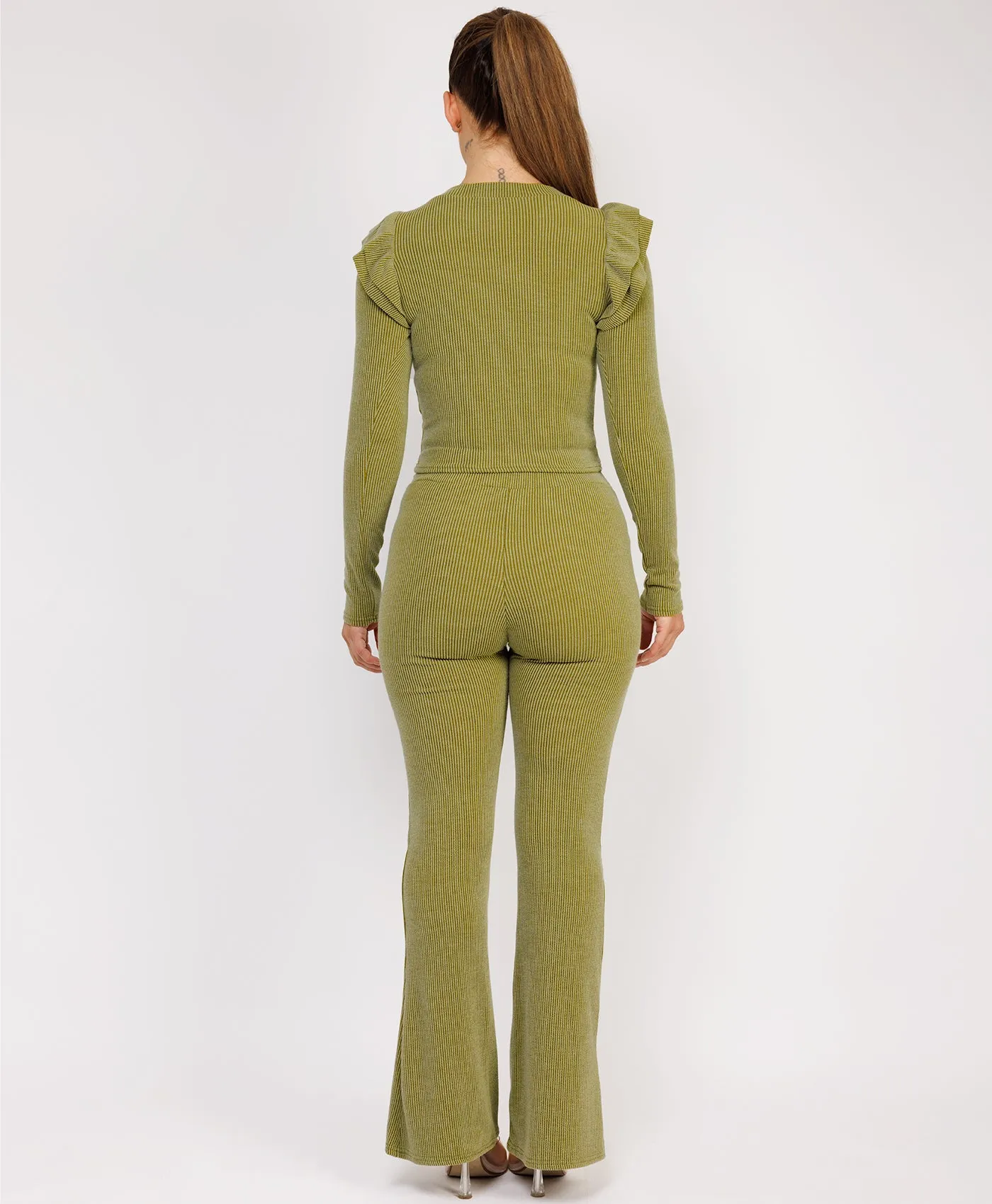 Sage Ribbed Frill Shoulder Long Sleeve Top & Flared Trouser Set