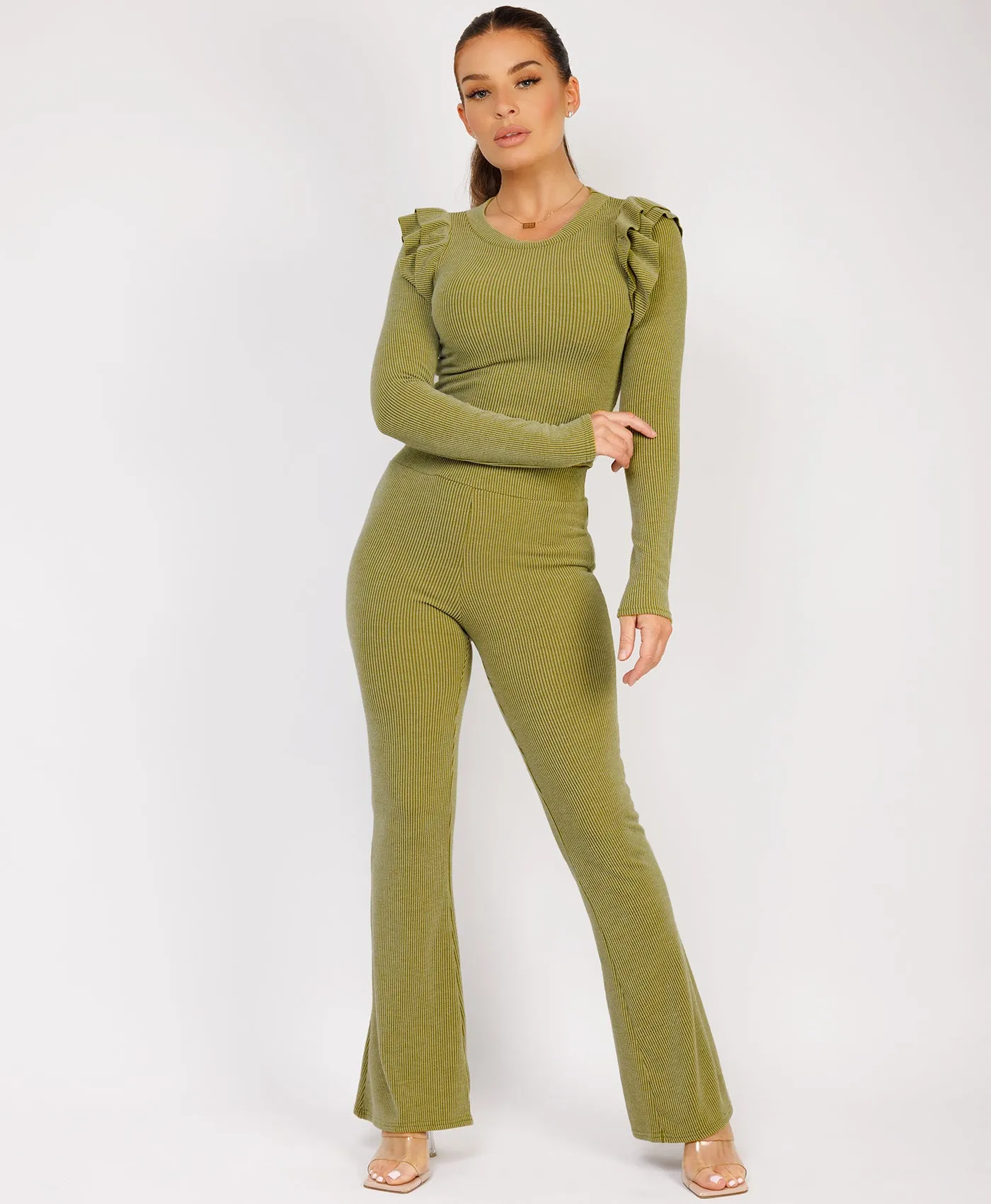 Sage Ribbed Frill Shoulder Long Sleeve Top & Flared Trouser Set