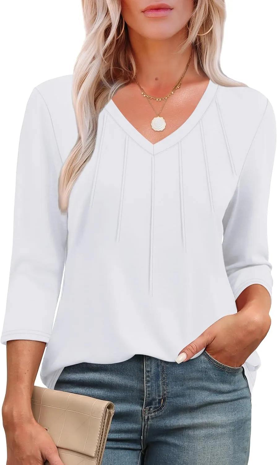 SAMPEEL 3/4 Length Sleeve Womens Tops Pleated V Neck Dressy Casual Blouses Summer Outfits Plus Size Spring Clothes