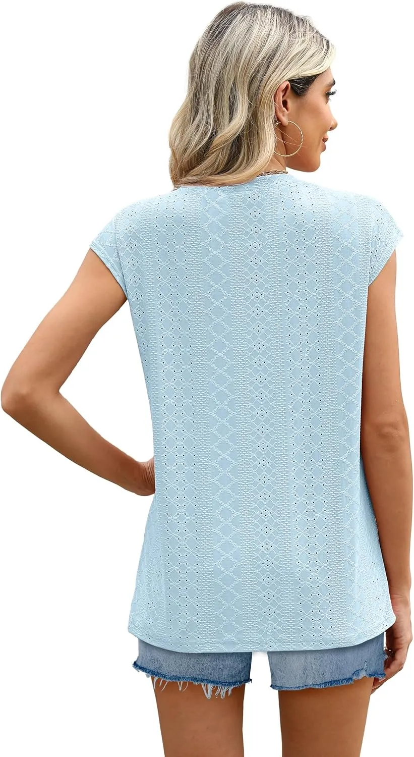 SAMPEEL Womens T Shirts Short Sleeve Pleated Dressy Casual Cap Sleeve Summer Tops Blouses