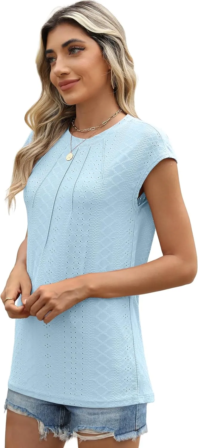 SAMPEEL Womens T Shirts Short Sleeve Pleated Dressy Casual Cap Sleeve Summer Tops Blouses