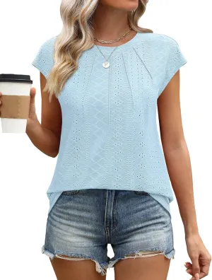 SAMPEEL Womens T Shirts Short Sleeve Pleated Dressy Casual Cap Sleeve Summer Tops Blouses