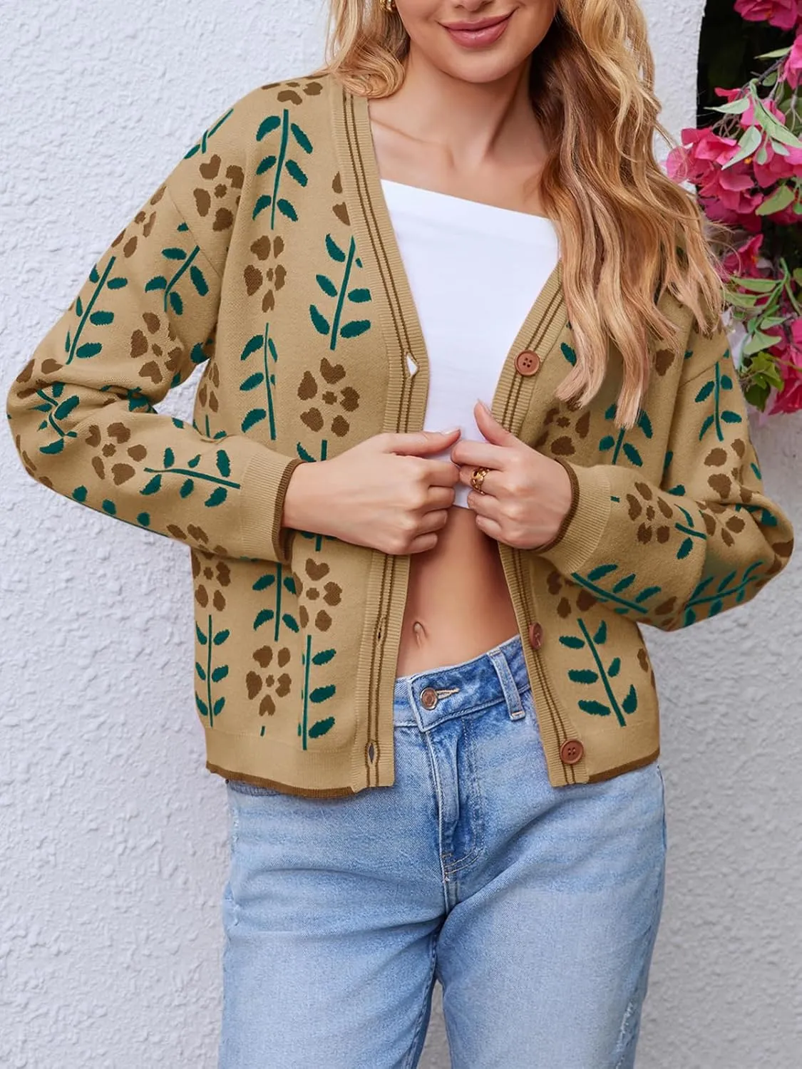 Saodimallsu Womens Floral Print V Neck Cardigan Open Front Button Down Knit Sweater Long Sleeve Loose Fashion Tops