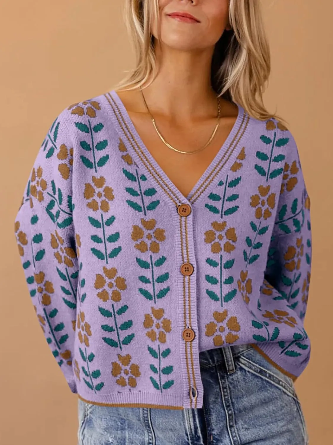Saodimallsu Womens Floral Print V Neck Cardigan Open Front Button Down Knit Sweater Long Sleeve Loose Fashion Tops