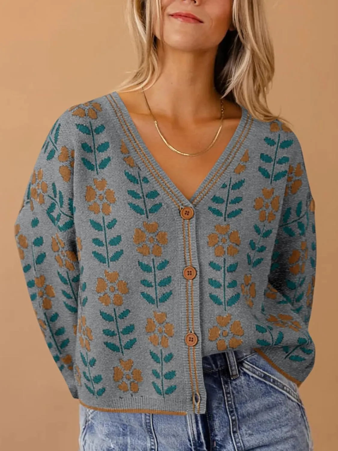 Saodimallsu Womens Floral Print V Neck Cardigan Open Front Button Down Knit Sweater Long Sleeve Loose Fashion Tops