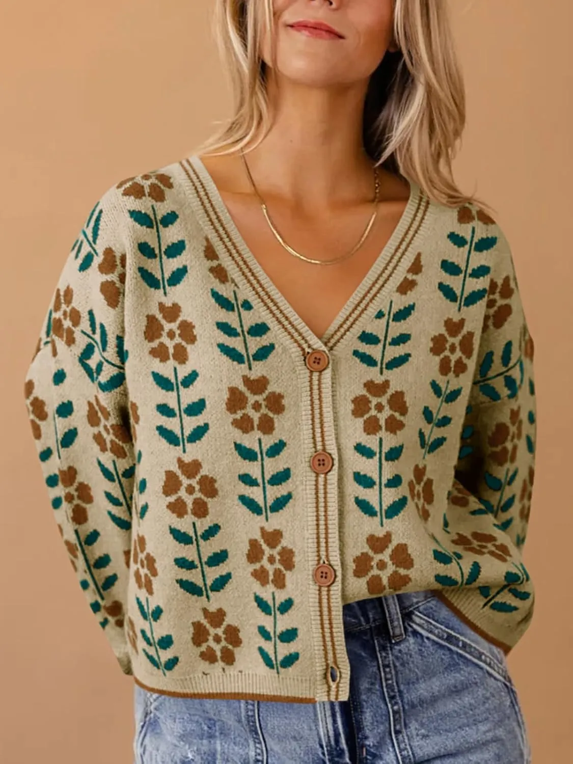 Saodimallsu Womens Floral Print V Neck Cardigan Open Front Button Down Knit Sweater Long Sleeve Loose Fashion Tops