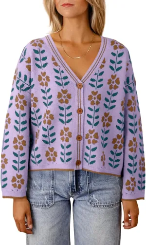 Saodimallsu Womens Floral Print V Neck Cardigan Open Front Button Down Knit Sweater Long Sleeve Loose Fashion Tops