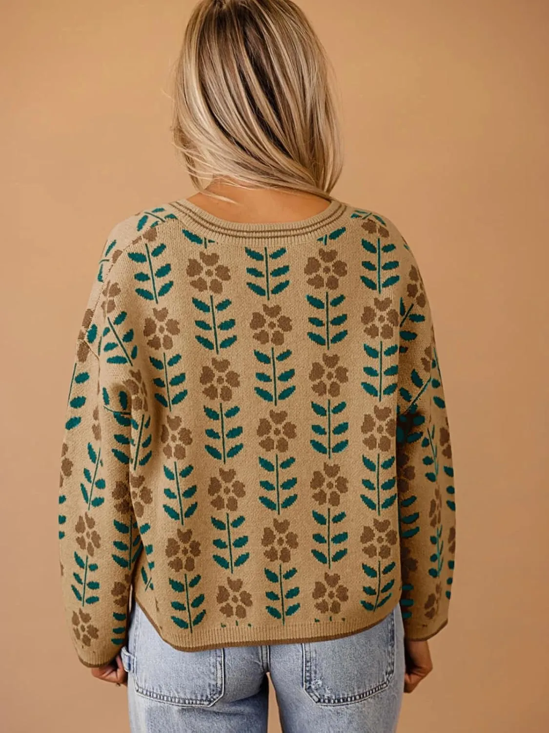 Saodimallsu Womens Floral Print V Neck Cardigan Open Front Button Down Knit Sweater Long Sleeve Loose Fashion Tops