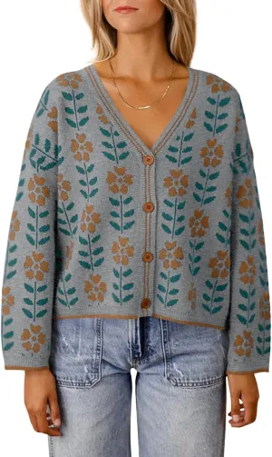 Saodimallsu Womens Floral Print V Neck Cardigan Open Front Button Down Knit Sweater Long Sleeve Loose Fashion Tops