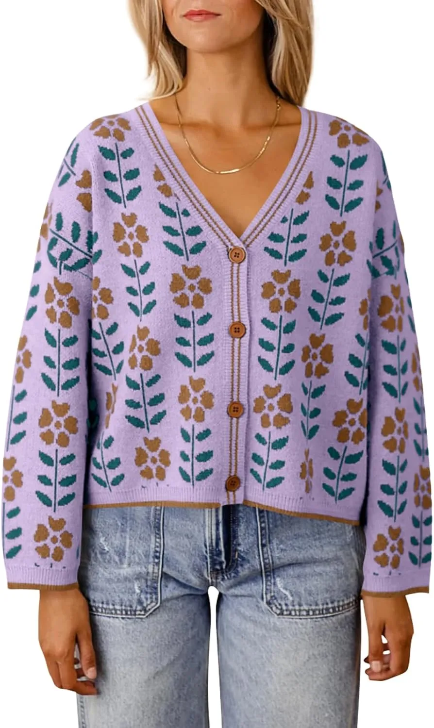 Saodimallsu Womens Floral Print V Neck Cardigan Open Front Button Down Knit Sweater Long Sleeve Loose Fashion Tops