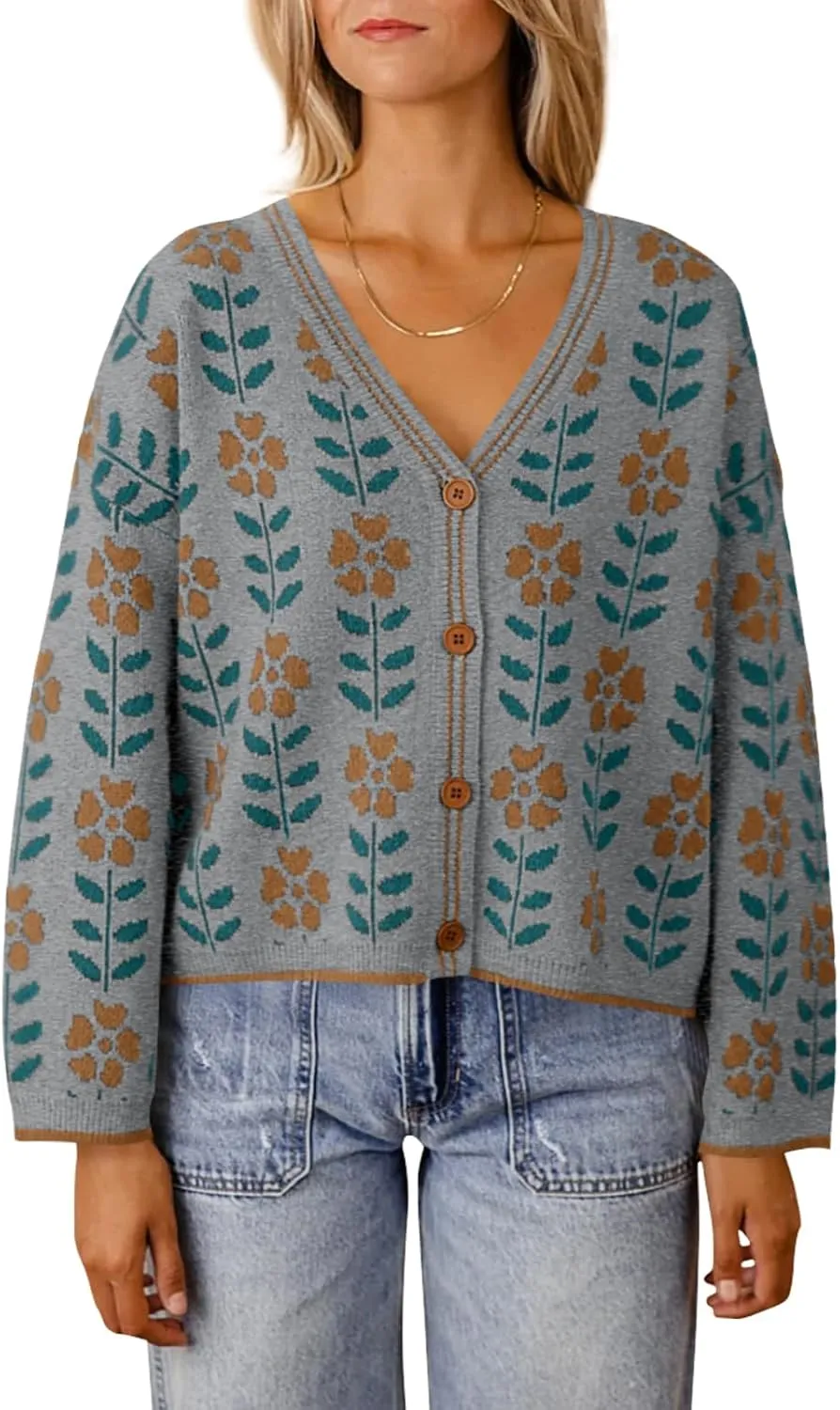 Saodimallsu Womens Floral Print V Neck Cardigan Open Front Button Down Knit Sweater Long Sleeve Loose Fashion Tops