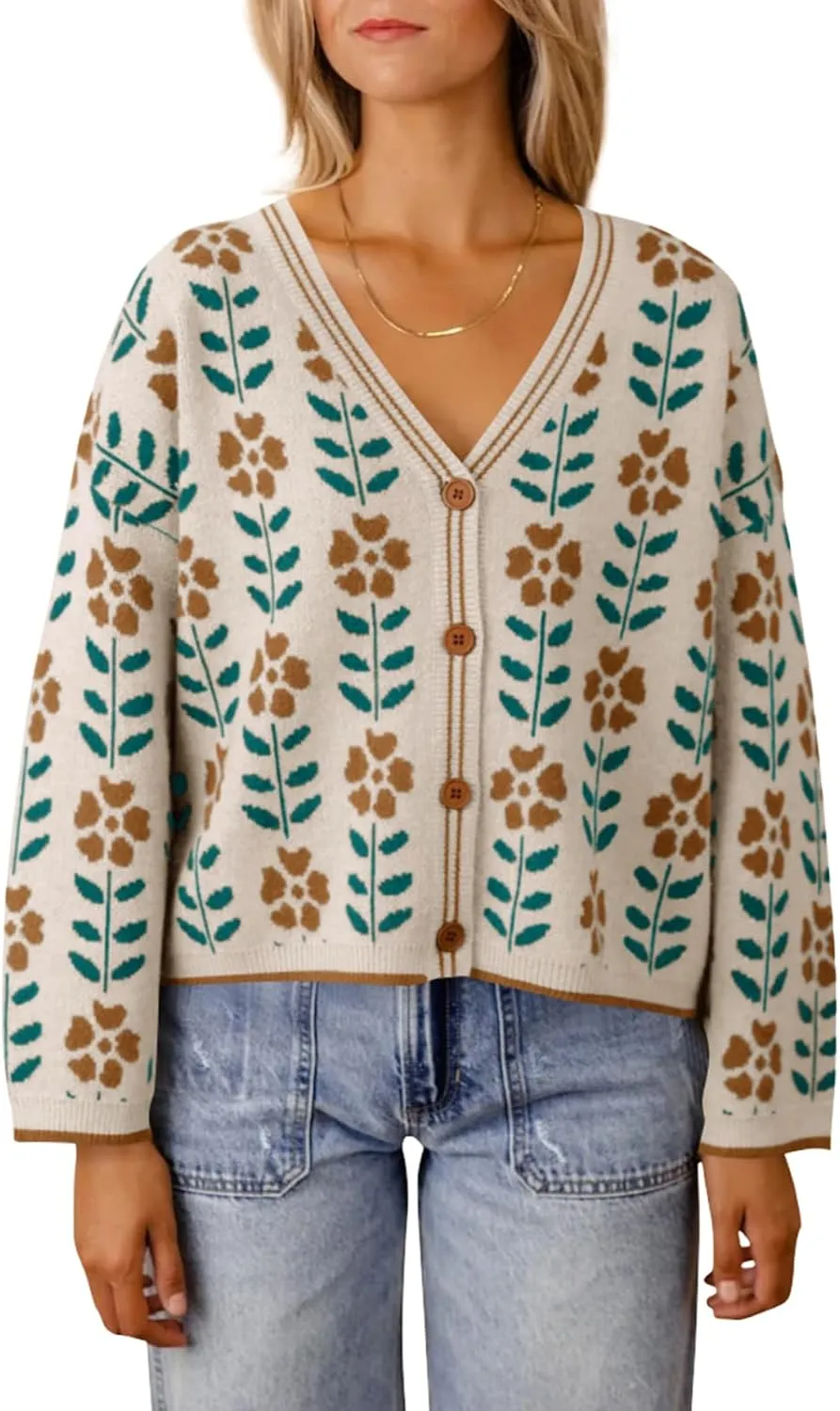 Saodimallsu Womens Floral Print V Neck Cardigan Open Front Button Down Knit Sweater Long Sleeve Loose Fashion Tops