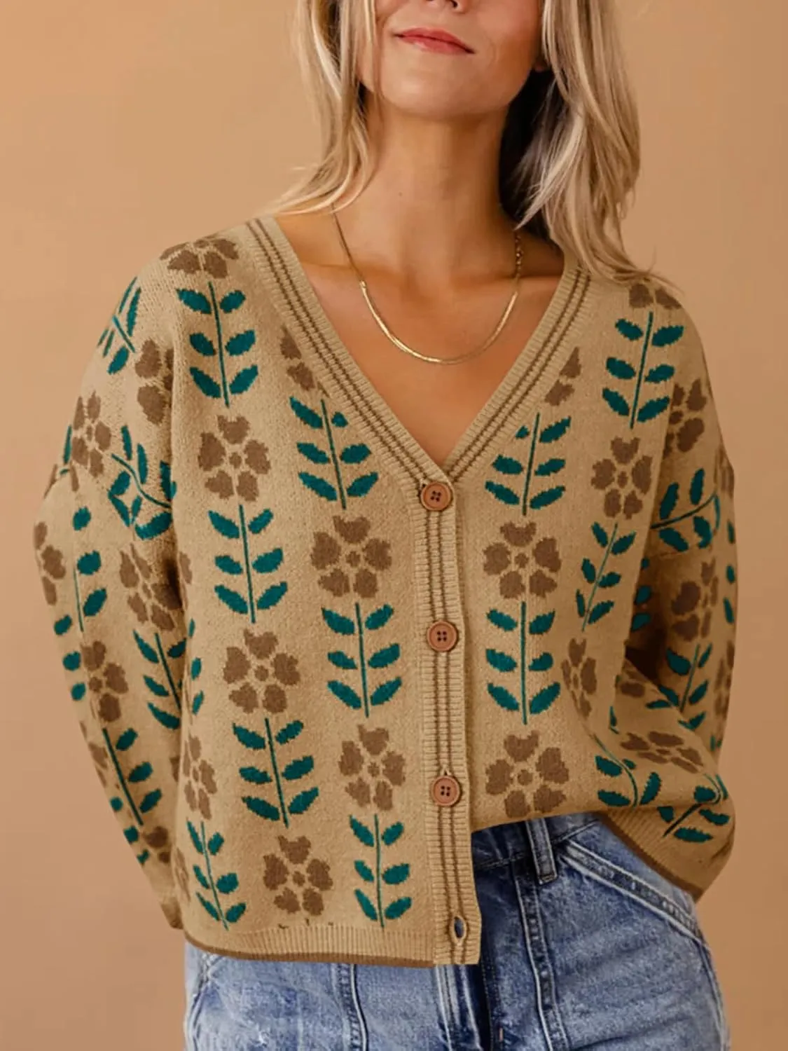 Saodimallsu Womens Floral Print V Neck Cardigan Open Front Button Down Knit Sweater Long Sleeve Loose Fashion Tops