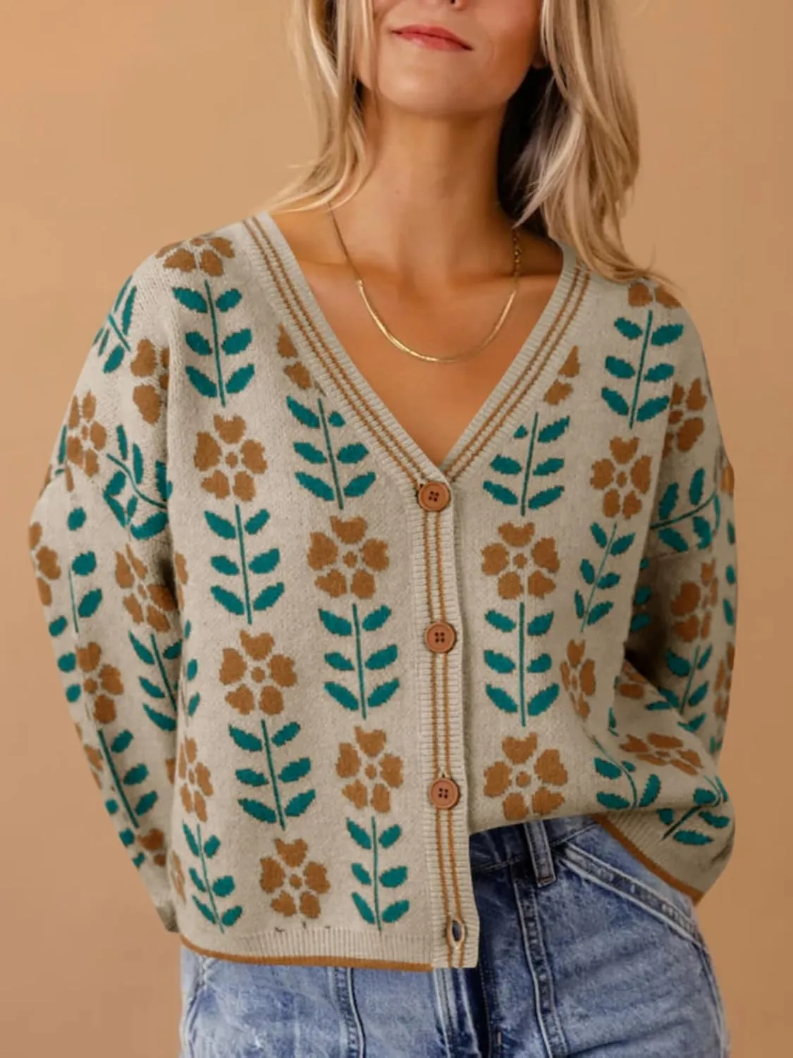 Saodimallsu Womens Floral Print V Neck Cardigan Open Front Button Down Knit Sweater Long Sleeve Loose Fashion Tops