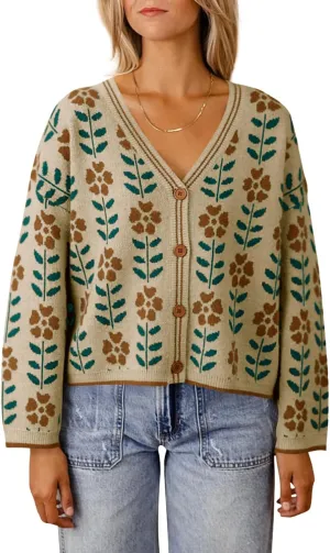 Saodimallsu Womens Floral Print V Neck Cardigan Open Front Button Down Knit Sweater Long Sleeve Loose Fashion Tops
