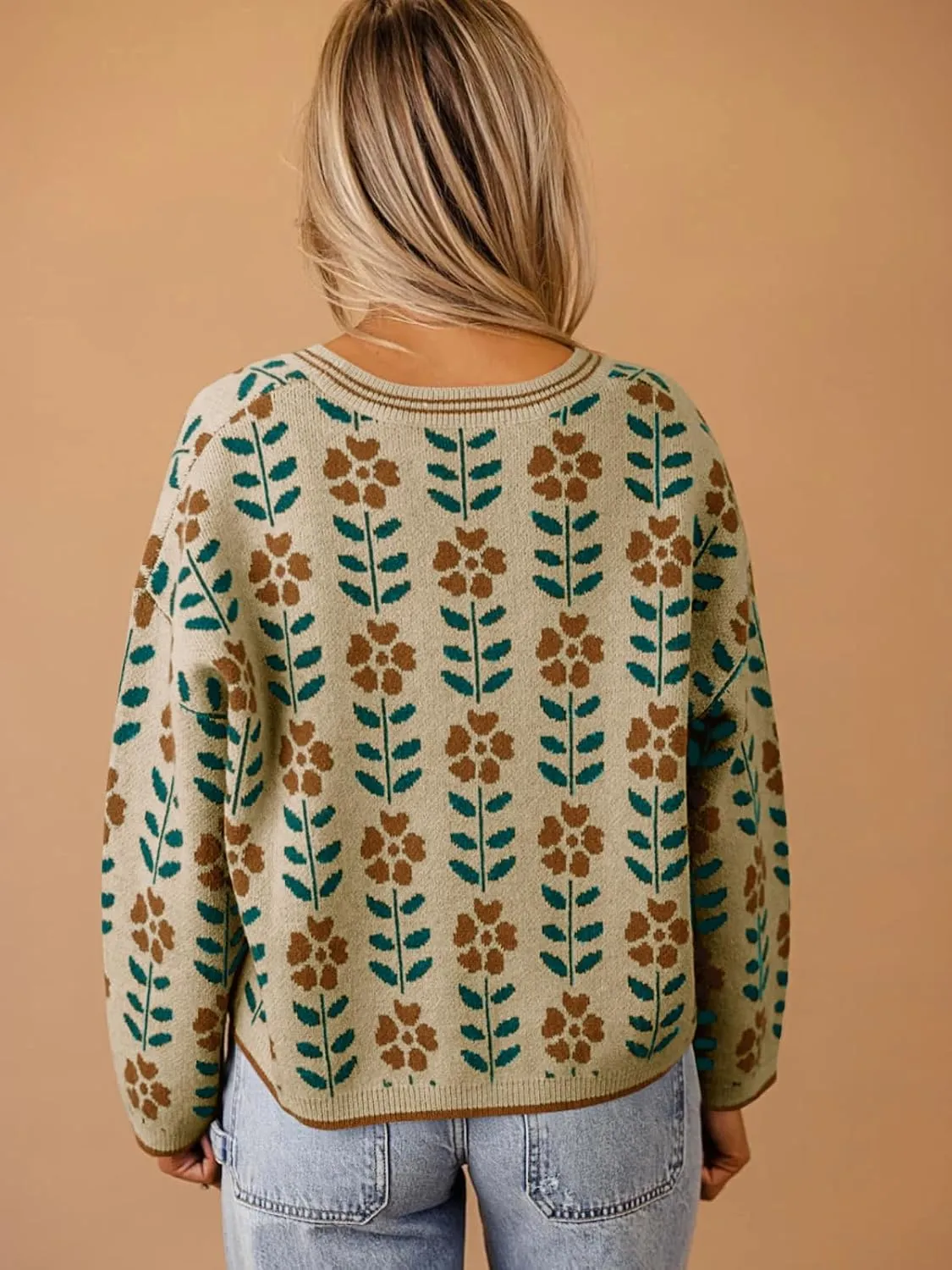 Saodimallsu Womens Floral Print V Neck Cardigan Open Front Button Down Knit Sweater Long Sleeve Loose Fashion Tops