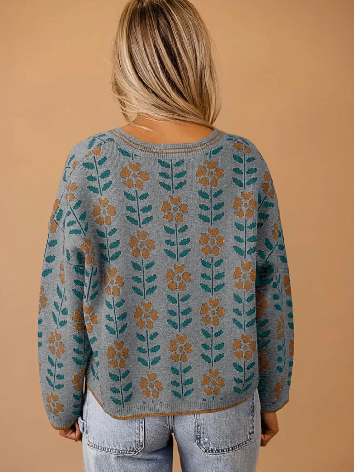 Saodimallsu Womens Floral Print V Neck Cardigan Open Front Button Down Knit Sweater Long Sleeve Loose Fashion Tops