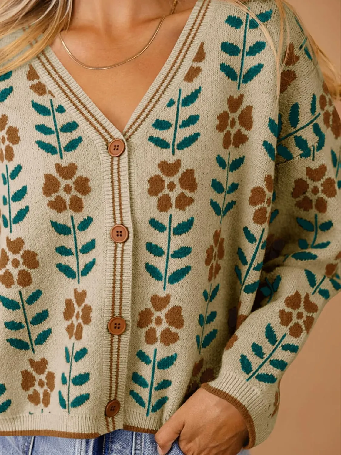 Saodimallsu Womens Floral Print V Neck Cardigan Open Front Button Down Knit Sweater Long Sleeve Loose Fashion Tops