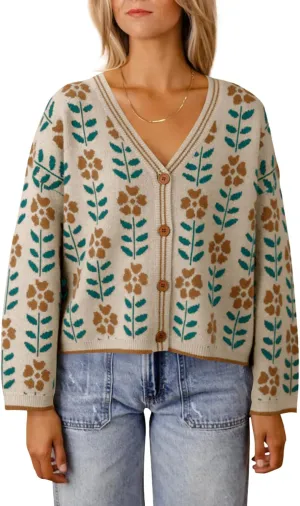 Saodimallsu Womens Floral Print V Neck Cardigan Open Front Button Down Knit Sweater Long Sleeve Loose Fashion Tops