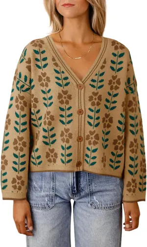 Saodimallsu Womens Floral Print V Neck Cardigan Open Front Button Down Knit Sweater Long Sleeve Loose Fashion Tops