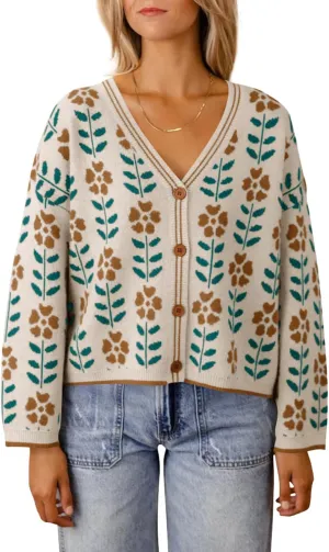 Saodimallsu Womens Floral Print V Neck Cardigan Open Front Button Down Knit Sweater Long Sleeve Loose Fashion Tops