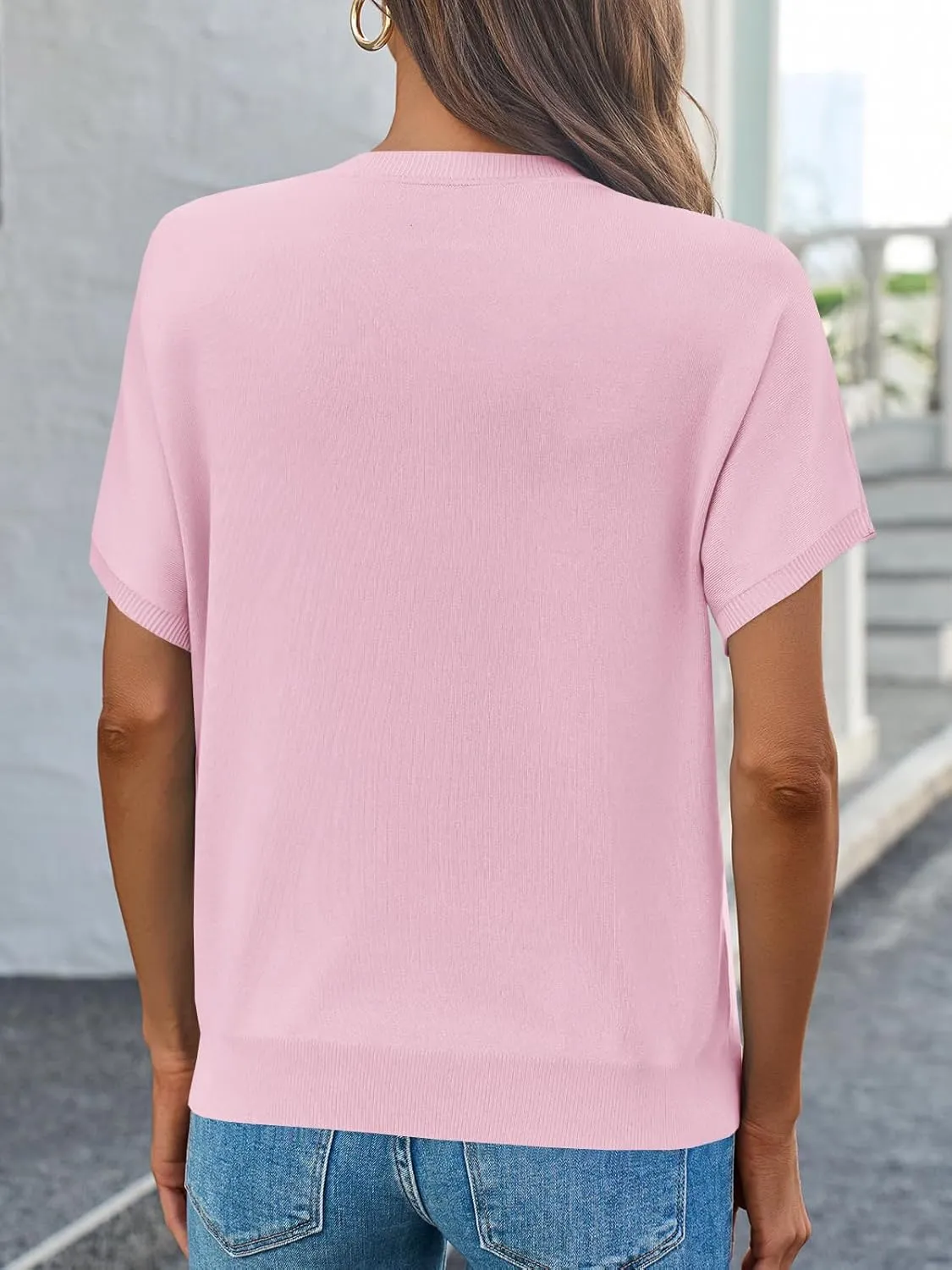 Saodimallsu Womens Short Sleeve Sweater Casual Basic Crew Neck Loose Knit Pullover Tops Summer Lightweight Blouses
