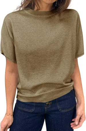 Saodimallsu Womens Short Sleeve Sweater Casual Basic Crew Neck Loose Knit Pullover Tops Summer Lightweight Blouses