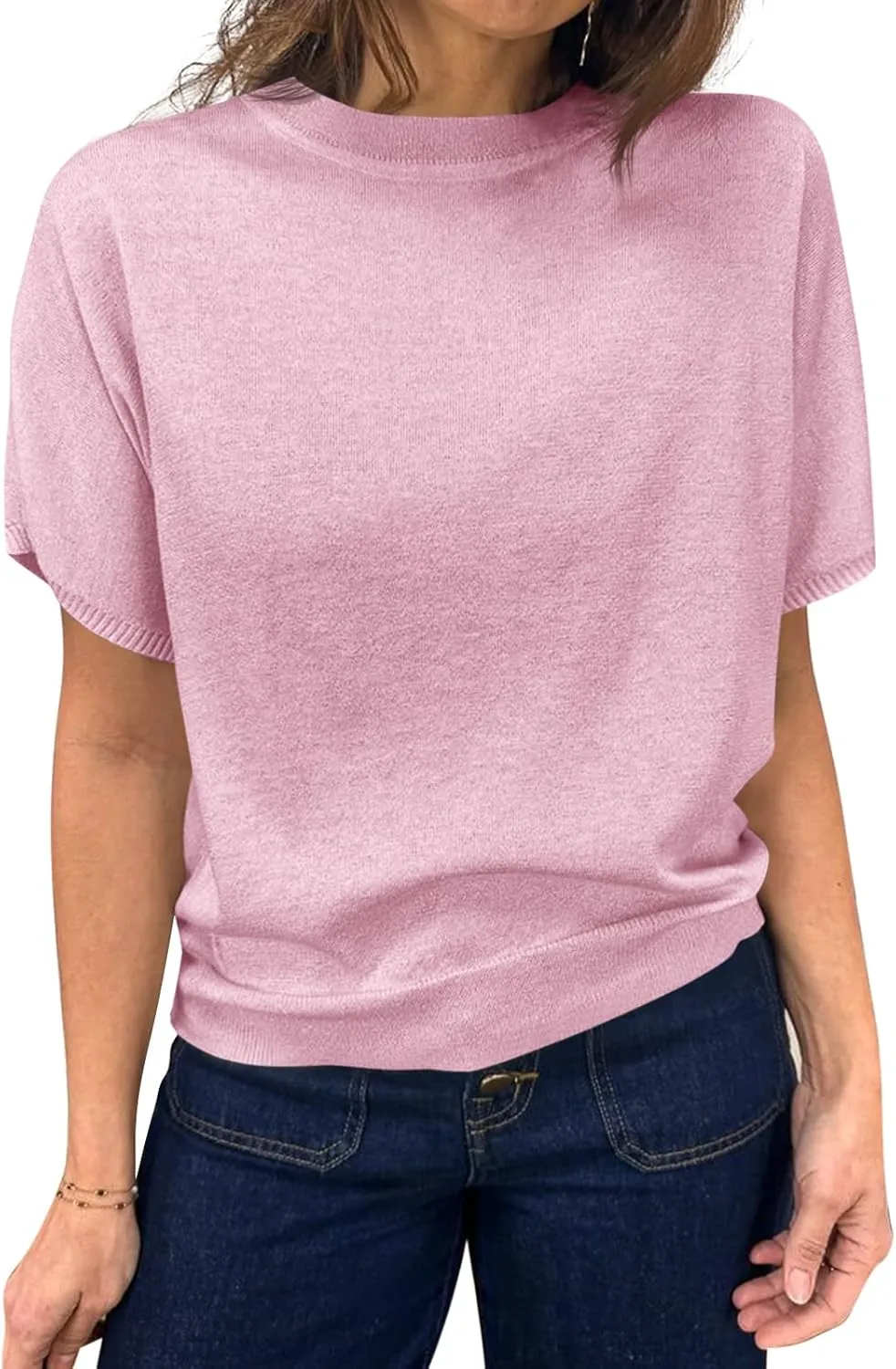 Saodimallsu Womens Short Sleeve Sweater Casual Basic Crew Neck Loose Knit Pullover Tops Summer Lightweight Blouses