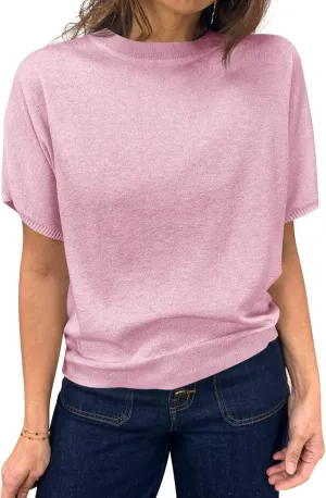 Saodimallsu Womens Short Sleeve Sweater Casual Basic Crew Neck Loose Knit Pullover Tops Summer Lightweight Blouses